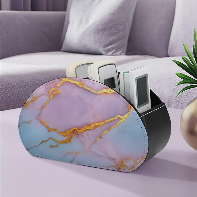 Golden Veins Marble Texture Remote Control Holder with 5 Compartments Leather TV Remote Caddy Remote Storage Box Desktop Organizer for Pen/TV Remotes/Media Controllers/Office Supplies