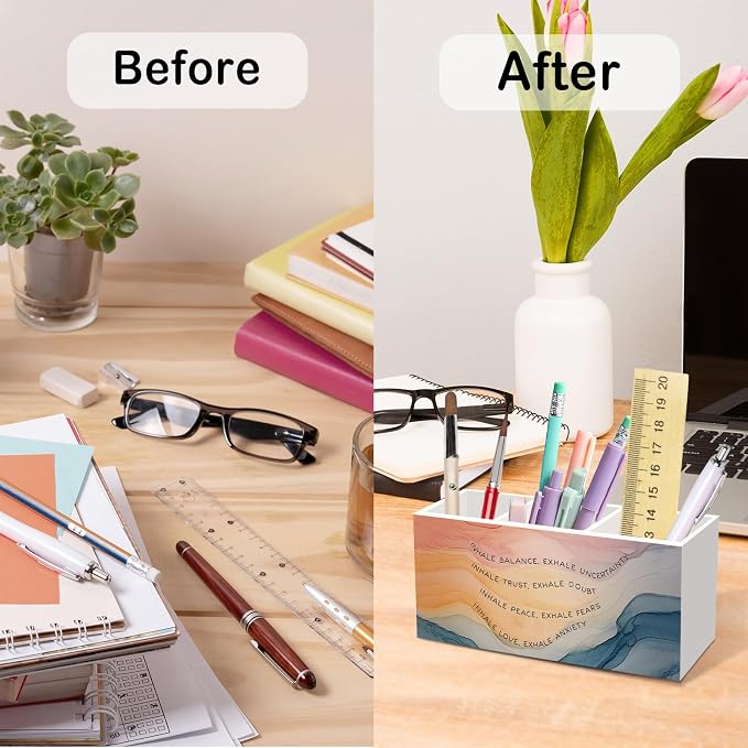 Inhale Exhale Mental Health Pen Pencil Holder for Desk, Watercolor Abstract Office Desk Accessories, Calming Breathe Pen Holders Organizer for Therapy Counselling Room, Therapy Office Decor