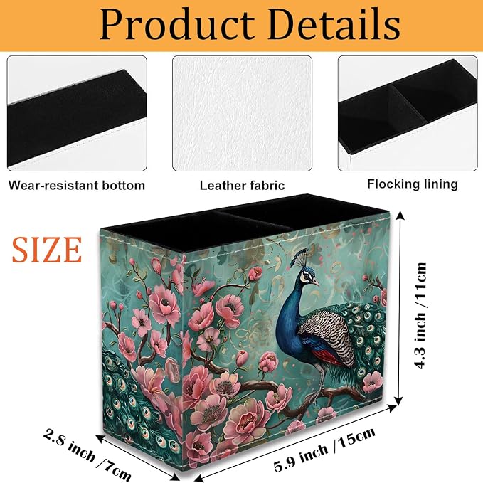 Pen Holder for Desk, PU Leather Multifunctional Desktop Storage Box and Anti-Slip Mouse Pad Set, Makeup Brush Holder Pen Organizer for Office and Home - Peacock