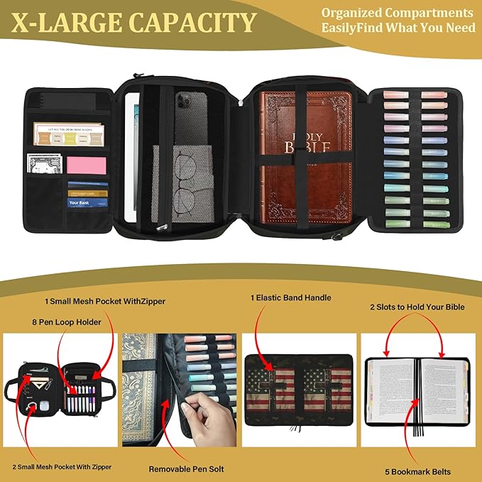 Flag Cross Large Bible Bag for Men with Bible Case, Bible Cover Study Supplies Journaling Kit Book Carrying Case with Highlighter Tabs, Christian Gift for Women Men - American Camouflage