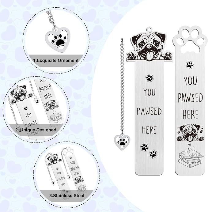 Pug Dog Bookmark Gift - 2PCS Funny Bookmark for Pug Lovers Pet Owners, Cute Dog Mom Book Mark Birthday Gifts for Puppy Lovers Bookworm Women Friends Coworker Men