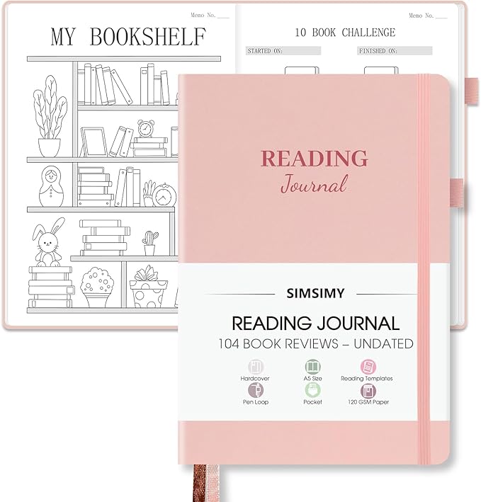 Reading Journal with 104 Book Reviews, Book Journal for Books Lovers & Readers - Review and Track Your Reading Progress, Reading Log Notebook Gift, A5, Pink