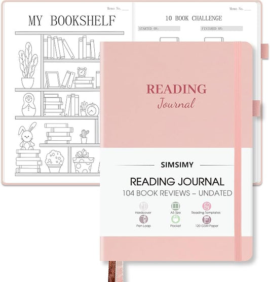 Reading Journal with 104 Book Reviews, Book Journal for Books Lovers & Readers - Review and Track Your Reading Progress, Reading Log Notebook Gift, A5, Pink
