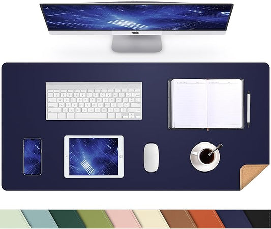 AFIING Cork Desk Mat, Blue, 35.4" x 17",Desk pad Protector | Dual-Sided Cork & PU Leather, Waterproof, Non-Slip, For Office & Gaming