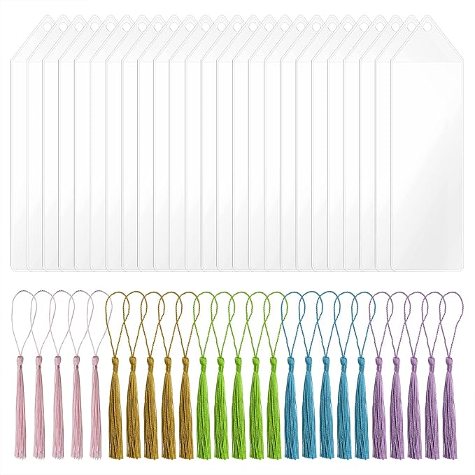 Plastic Bookmark Sleeves with Tassels Penta Angel 40Pcs Clear Blank Vinyl Photo Booth Strip Frames Holder Cover with Hole for Christmas Valentine’s Day Wedding Graduation Party Favor Gift Tags (40)