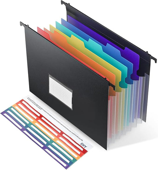 Expanding Hanging File Folders, Plastic Filing Cabinet Organizer 7 Pockets 1.2" Accordion Drawer Organizer Insert Filing Folders Dividers with Colorful Tabs, Letter Size 1 Pack