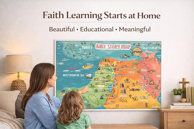 Bible Story Map Poster for Kids, Laminated 17.5" x 24" – 70+ Illustrated Bible Stories for Kids, Classroom & Homeschool, Bulletin Board, Sunday School Educational Wall Chart + 4 Printable Worksheets