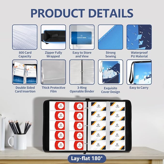 Leather Business Card Book Holder Organizer, Professional Name Card Book Holder with 800 Card Capacity, Portable PU Credit Card Binder File Sleeve Storage for Men Women,40 Pack Sleeves Zipper Closure