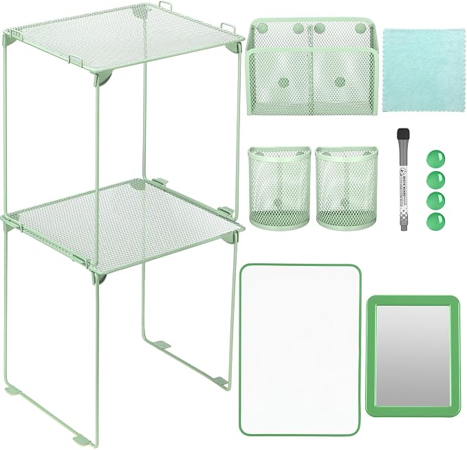 Ctosree 13 Pcs Locker Organizer and Accessories Kit Stackable Mesh Locker Shelf, Pen Holder, Magnetic Mirror, Whiteboard, Cloth, Marker, Magnet for Classroom Back to School Essentials(Green)
