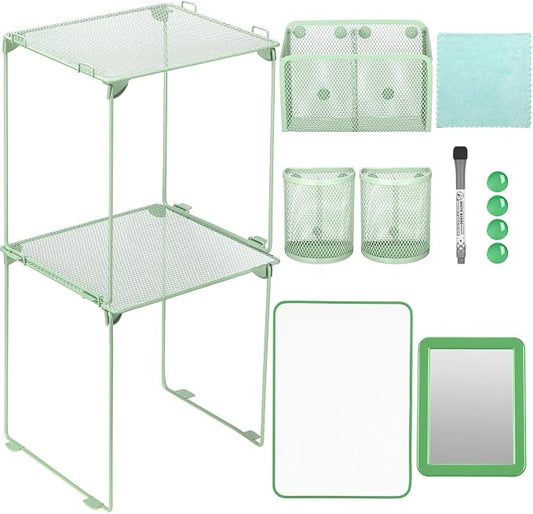 Ctosree 13 Pcs Locker Organizer and Accessories Kit Stackable Mesh Locker Shelf, Pen Holder, Magnetic Mirror, Whiteboard, Cloth, Marker, Magnet for Classroom Back to School Essentials(Green)