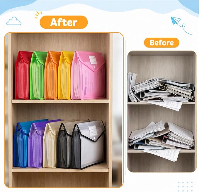 10 Pack Plastic Expanding File Folder, Waterproof Transparent Expandable File Folder, Transparent Files Folders for Documents with Snap Closure, Large Capacity, Fit Legal/B4 Size, 9 Colors