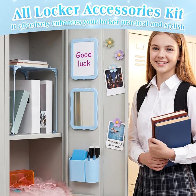 Colarr 16 Pcs Blue Locker Accessories for Girls Includes Magnetic Whiteboard & Mirror Locker Shelf Pen Holder 2 Dry Erase Marker & Eraser 9 Flowers for Back to School Essentials Decoration