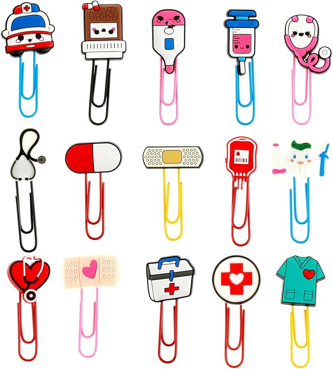 15 Pcs Cute Cartoon Bookmarks, Nurse Gifts Medical Theme Bookmarks Colorful Paperclip for Pagination Organize Folder Unique Bookmark for Nurses Day Doctors Day Office Kids Gift