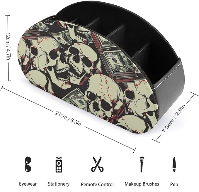 Skull Dollar Print Remote Control Holder Remote Organizer Storage Box for Multi-Media Controllers with 5 Compartments for Cosmetics Office Supplies