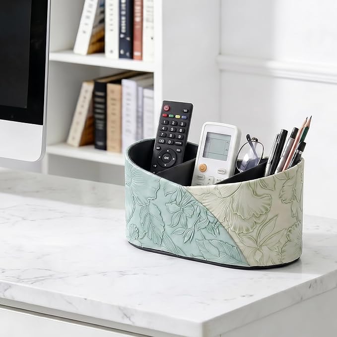Two Leaves Shaped Leather Art Supply Organizer,Remote Control Holder,Multi-Functional Pencil Holder,3 Compartments Desktop Stationary Organizer(1-Green)