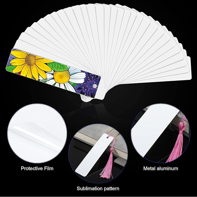 Tenare 30 Pieces Sublimation Blank Bookmarks Metal Heat Transfer Aluminum Bookmarks Bulk with Hole and Colorful Tassels for School Birthday Wedding DIY Projects and Gift Tag