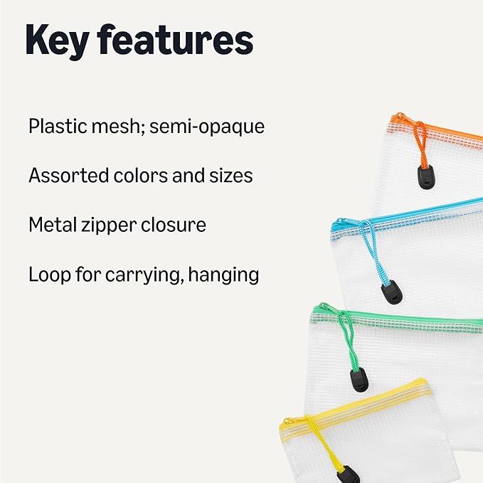 Amazon Basics 30-Pack Mesh Zipper Pouch Bags, 8 Sizes Assorted Colors Storage Organizers, Multipurpose Clear Travel Document Bags for Office Home School Organization