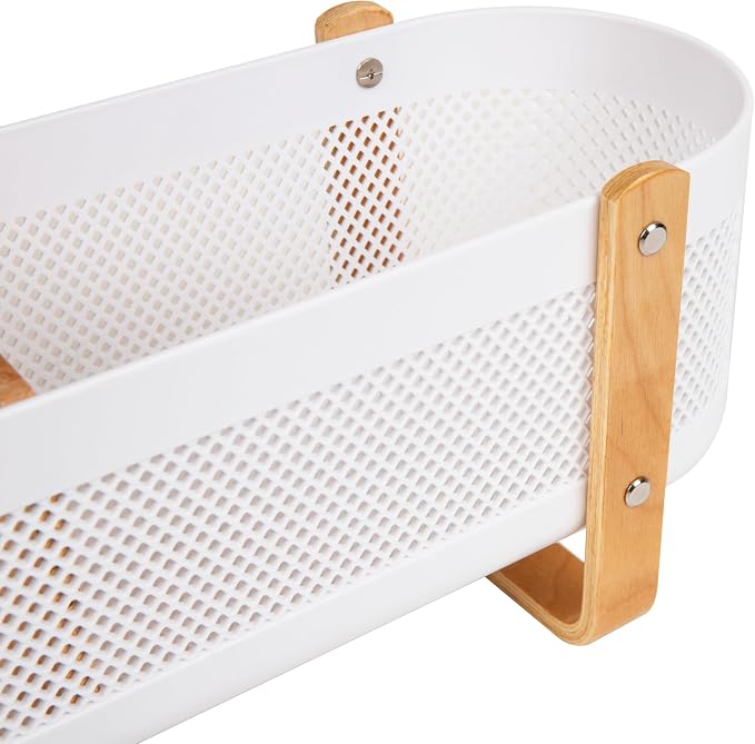 Mind Reader Divided Storage Basket with Legs, Accessory Holder, Desktop Organization, Office, Plastic, 19.25"L x 5.25"W x 6.5"H, White and Brown