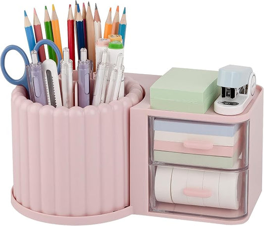 Anyoifax 360° Rotating Pen Holder 7 Slots Desk Organizer with Drawer Removable Pencil Cup Plastic Art Supplies and Accessories Desktop Storage Box Caddy for Office, School, Home (Pink)
