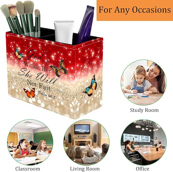 Pen Holder for Desk, PU Leather Multifunctional Desktop Storage Box and Anti-Slip Mouse Pad Set, Makeup Brush Holder Pen Organizer for Office and Home - Psalm 46:5