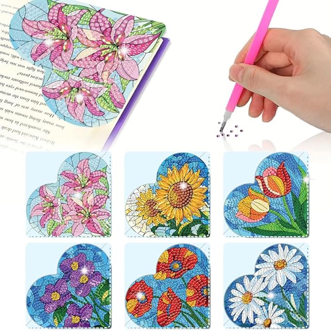 VI-FA 6 Pcs Diamond Painting Bookmark Kit, DIY Corner Book Marks for Adults Kids, Diamond Dot Art Craft Kits for Beginners, Birthday Gifts for Book Lovers Women Girls(Heart Flower)