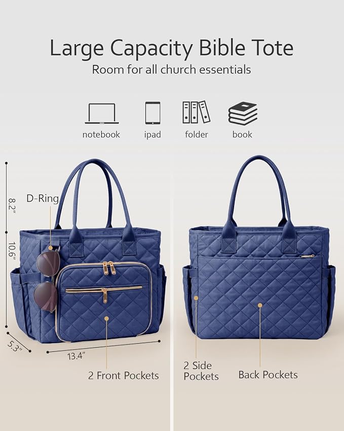 BellaHold Large Bible Bag with Bible Cover Case for Women, Church Bag with Bible Study Supplies & Shoulder Strap, Quilted Bible Tote Bag, Christian Gift for Women, Navy