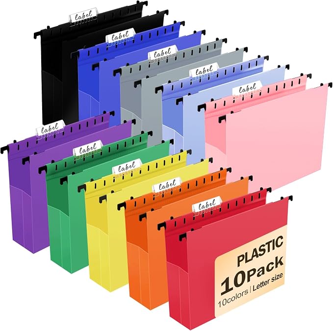 Navona Plastic Hanging File Folders, 10 Pack Extra Capacity 2" Expanding Pockets, Heavy Duty Letter Size with Clear Tabs, 10 Assorted Colors for Home Office Filing Cabinets