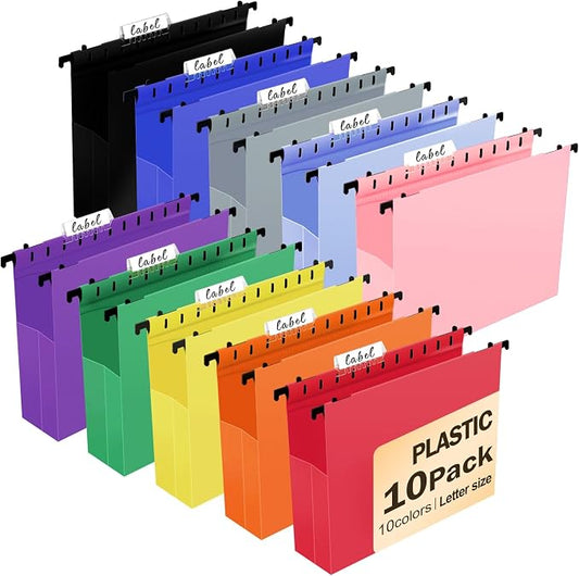 Navona Plastic Hanging File Folders, 10 Pack Extra Capacity 2" Expanding Pockets, Heavy Duty Letter Size with Clear Tabs, 10 Assorted Colors for Home Office Filing Cabinets