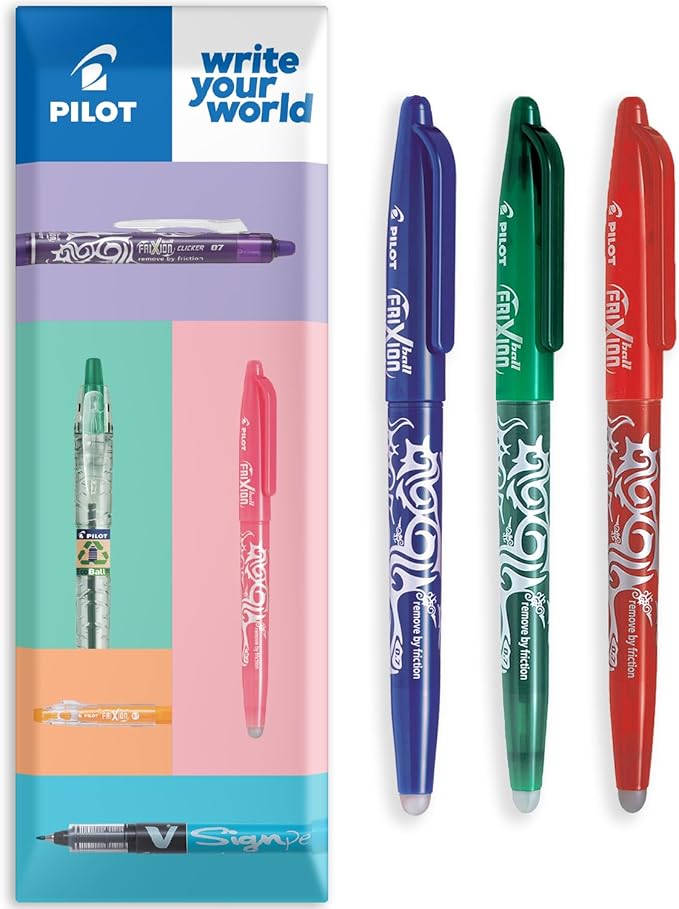 PILOT Frixion FR7 Heat/Friction Erasable Rollerball Pen 0.7mm Medium Nib Blue Green Red (Pack of 3)