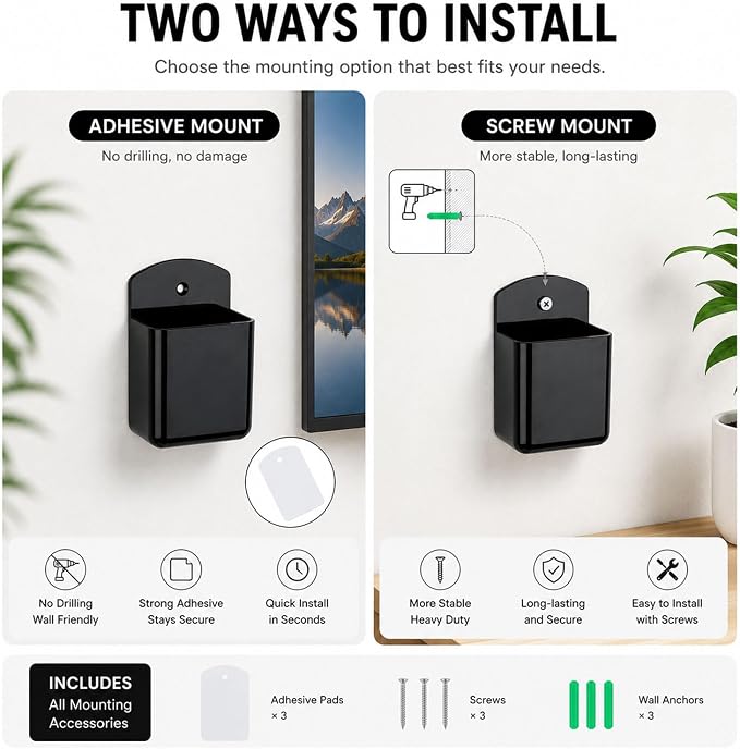 3 Pack Remote Control Holder Wall Mount, Adhesive Remote Holder with Screw Installation Storage Organizer for TV/Media/Air Conditioner Remotes For Home Office School Black
