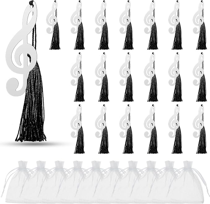 Gueevin 24 Pcs Music Gift Note Bookmarks Music Themed Party Favors Metal Musical Bookmarks with Silk Tassels and Organza Bags Musical Gifts Bulk for Band, Choir Members