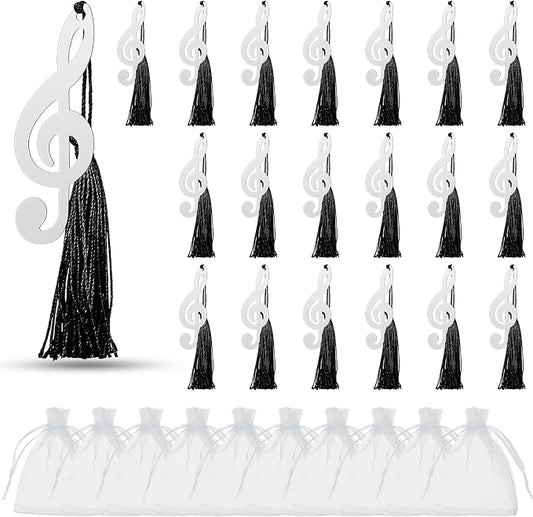 Gueevin 24 Pcs Music Gift Note Bookmarks Music Themed Party Favors Metal Musical Bookmarks with Silk Tassels and Organza Bags Musical Gifts Bulk for Band, Choir Members