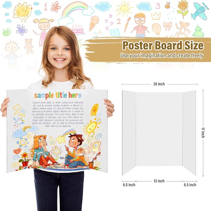 8 Pcs Trifold Poster Board, 26x17 inches White Poster Board Comes With Sticky Accessories, Corrugated Presentation Boards, Display Board for School Projects, Business Presentations, 8 Count
