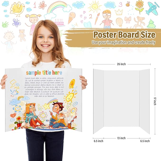 12 Pcs Trifold Poster Board, 26x17 inches White Poster Board Comes with Sticky Accessories, Corrugated Presentation Boards, Display Board for School Projects, Business Presentations