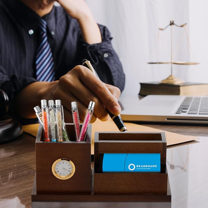 Watersay Wood Business Card Holders with Clock Pen Holder Lawyers Gifts for Men and Women Desk Organizer for Attorney Lawyers Professionals Boss Birthday Ideal Gift