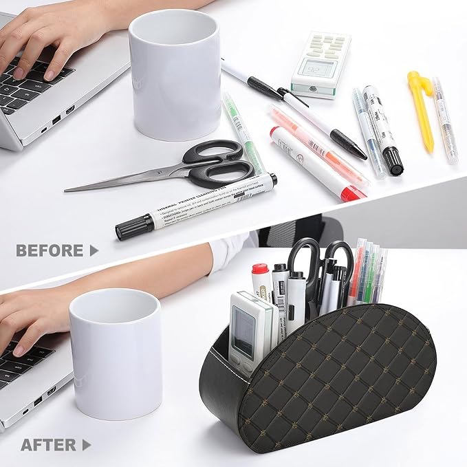 Embossed Black Leather Texture Remote Control Holder with 5 Compartments Leather TV Remote Caddy Remote Storage Box Desktop Organizer for Pen/TV Remotes/Media Controllers/Office Supplies