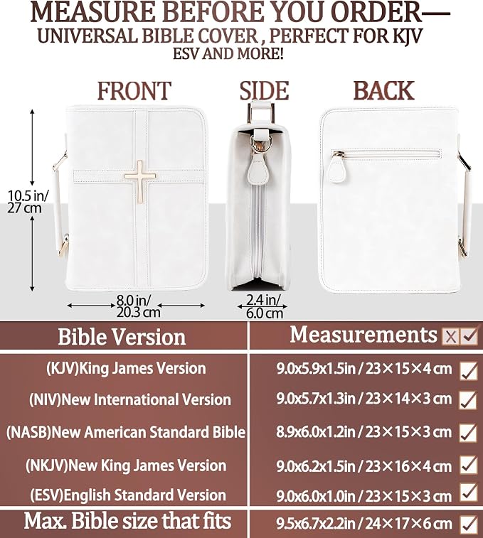 Vegan Leather Bible Cover Case, Bible Bag with Phone Pocket, Bible Case for Women, Christian Gift Box Packaging (White – with Strap)