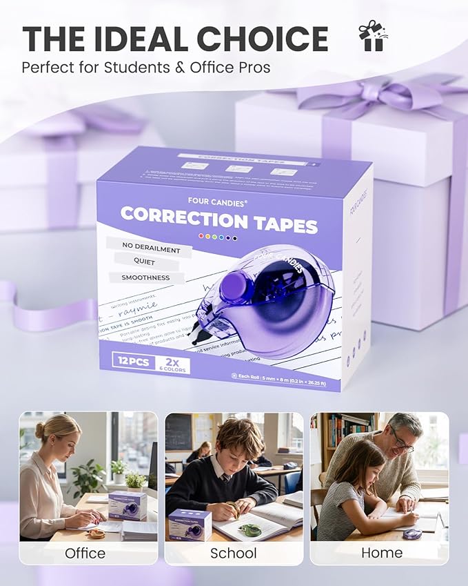 Four Candies Silent Correction Tape, White Correction Tape 12 Pack, 26.2ft, Ergonomic Easy-to-Use Applicator,Fast Clean Instant Corrections, Smooth High-Opacity Tear-Resistant Office & School Supplies