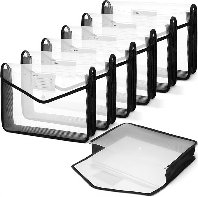 7 PCS Plastic Expanding File Folder Black Transparent Envelopes with Snap Closure File Folder Organizer Holder Large Capacity A4/Letter Size Organizer for School Office Home Storage