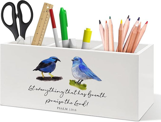 Blue Bird Christian Bible Verse Pen Holder, Christian Gifts Office Pen Pencil Holder Organizer for Desk Accessories, Bird Gifts Wooden Box Desk Decor for Home Office Desk Decorations