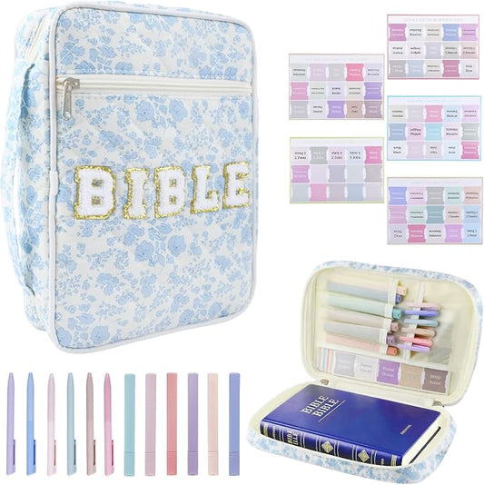 Bible Cover Case for Women, Large Chenille Letter Bible Bag with Handle, Carrying Bag with Tabs 6 Colored Pens 6 Highlighters, Back to School Study Supplies Christian Church Gifts, Blue Flower