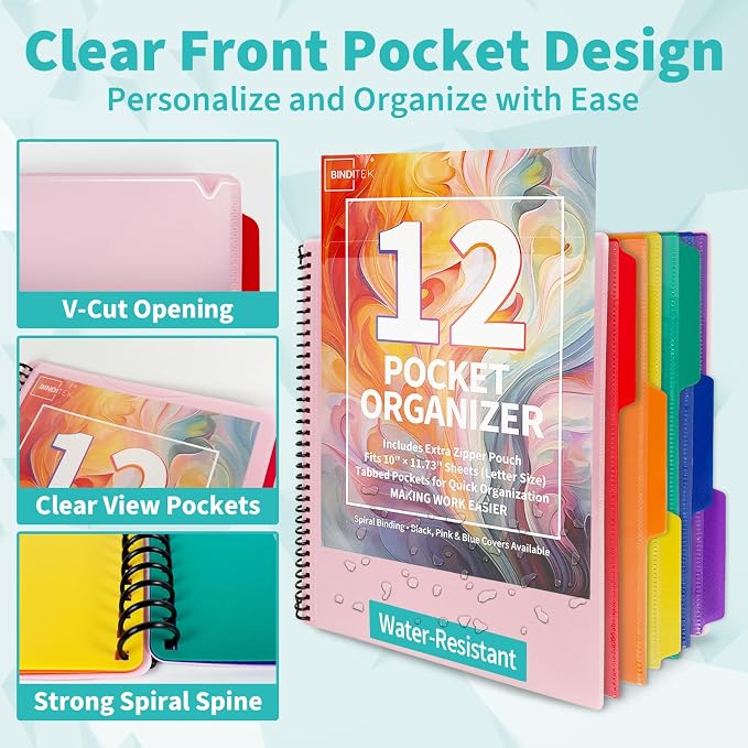 Binditek 12-Pocket Poly Project Organizer, Heavy-Duty Poly Cover, Clear Front Pocket, 6-Color Dividers with 1/3-Cut Tabs, Fixed Zipper Pouch, Letter-Size, Pink