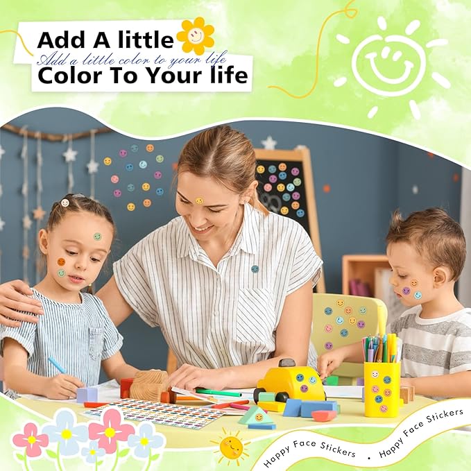 6000 Pcs Boho Smiley Face Stickers - 0.4 inch 10 Colors Mini Dot Bohemian Style Happy Face Stickers for School Reward Chart Students Teacher Supplies