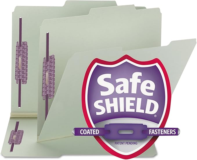 Smead Pressboard Fastener File Folder with SafeSHIELD Fasteners, 2 Fasteners, 2/5-Cut Tab Right of Center Position, Guide Height, 1" Expansion, Letter Size, Gray/Green, 25 per Box (14980)