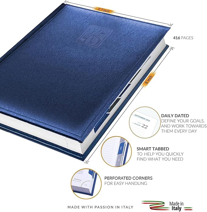 Leather Executive Daily Planner 2026 – A5-Compatible (8.3 x 5.9 in), One Page per Day Hourly Business Agenda, 416 Pages, Monthly Tabs, Hardcover – Made in Italy (BLUE 2025)
