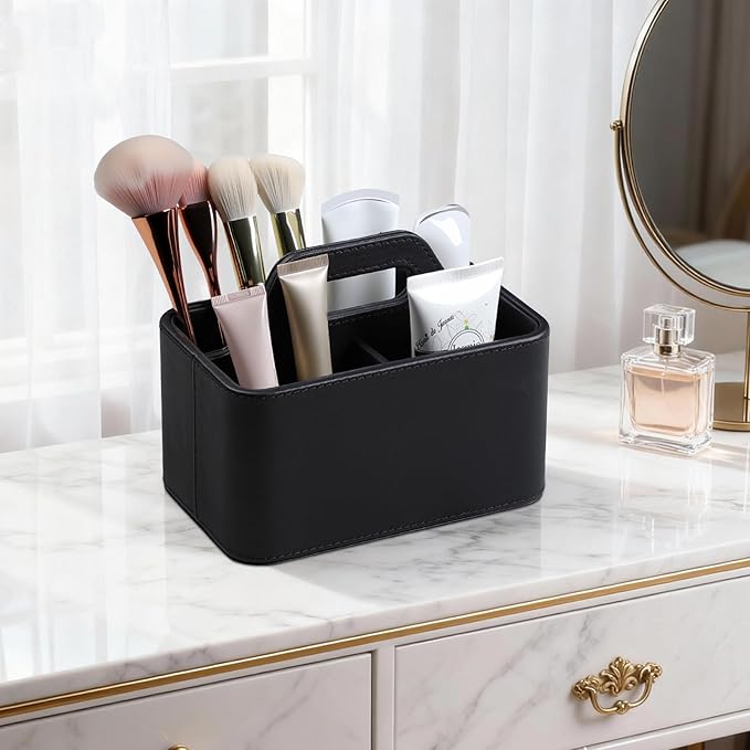Caddy Organizer with Handle, PU Leather Remote Control Holder Desk Caddy, Portable Makeup Remote Organizer for Table, Nightstand, Office (Black)