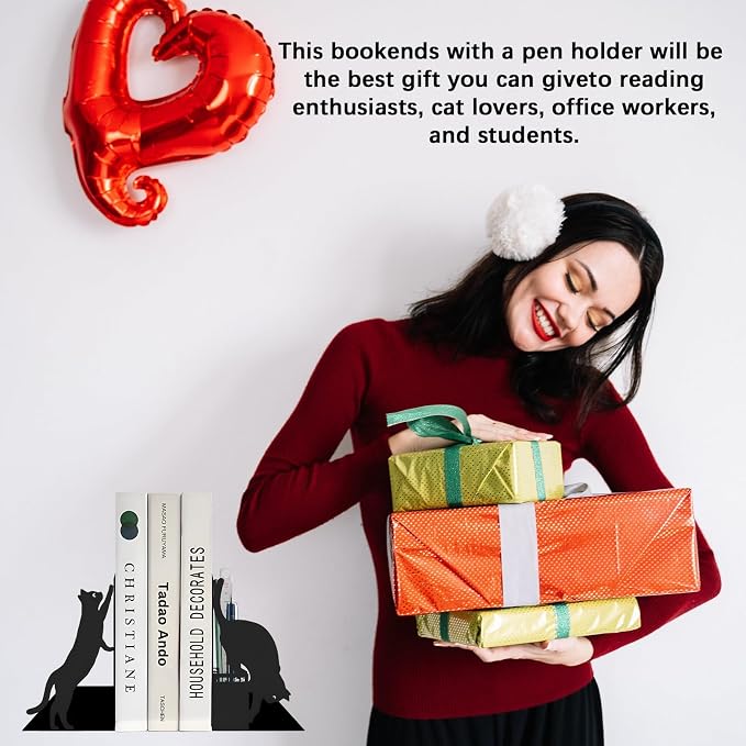 Cat Book Ends for Shelves, Metal Decorative Book Ends with Pen Holder, Fun Unique Bookends, Cool Black Cat Bookends for Home Office Desk Bookshelf Decor, Gift for Cat Lovers and Reading Enthusiasts