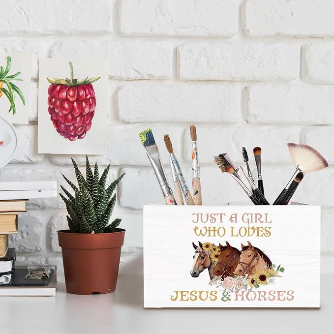 Floral Horse Christian Pen Holder for Desk, Horse Lover Gifts Pencil Organizer, Just a Girl Who Loves Jesus and Horses Wooden Box Sign Desk Decor for Girls Room Home Decoration