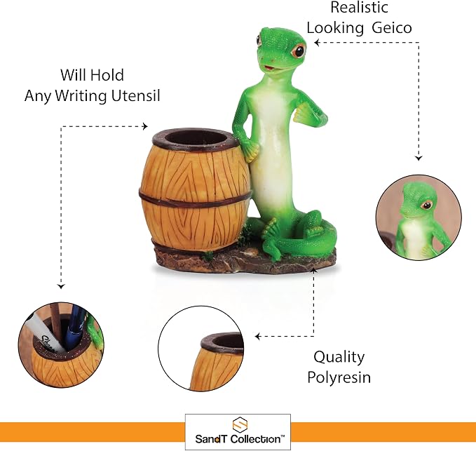 Green Gecko Pencil Holder with Tree Stump or Barrel Storage, Figurine Desktop Accessory (Barrel)