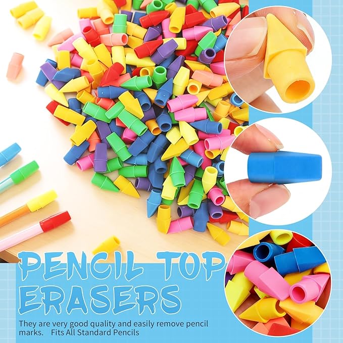 PRALB 300 Pack Pencil Top Eraser Caps, 8 Assorted Colors Chisel-Shaped Eraser Toppers, Essential Classroom Supplies for Teachers, Perfect for School & Office Use
